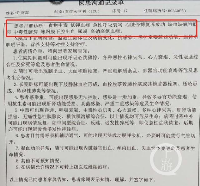 病例顯示，昏迷的許高雙系食物中毒等所致。
