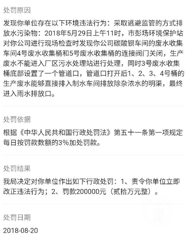 被指涉事公司曾因偷排污水、污水排放超標(biāo)遭環(huán)保部門多次處罰。